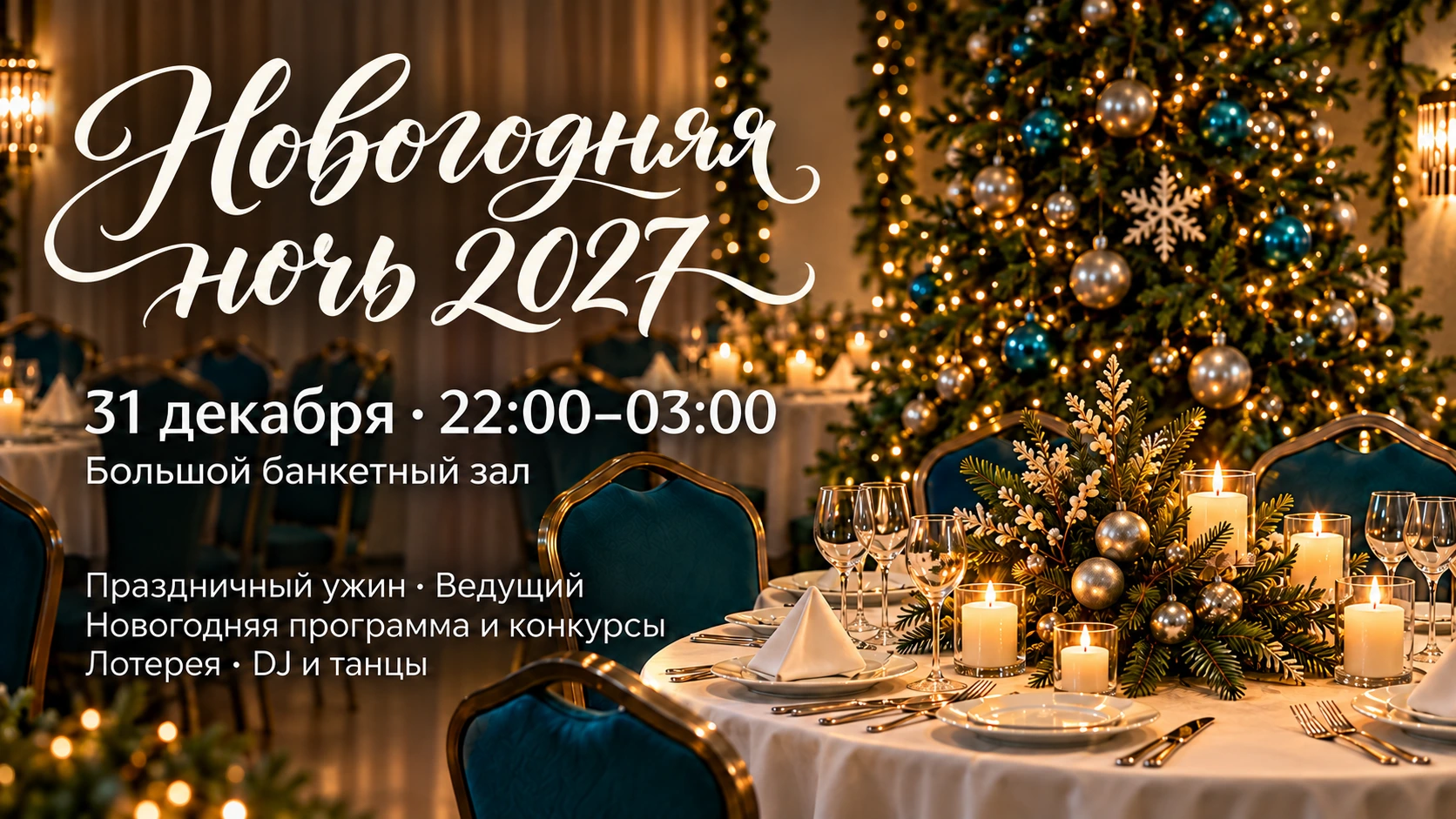 Новогодняя ночь 2027. 31 декабря, 22:00–03:00, большой банкетный зал. Праздничный ужин, ведущий, новогодняя программа и конкурсы, лотерея, DJ и танцы.