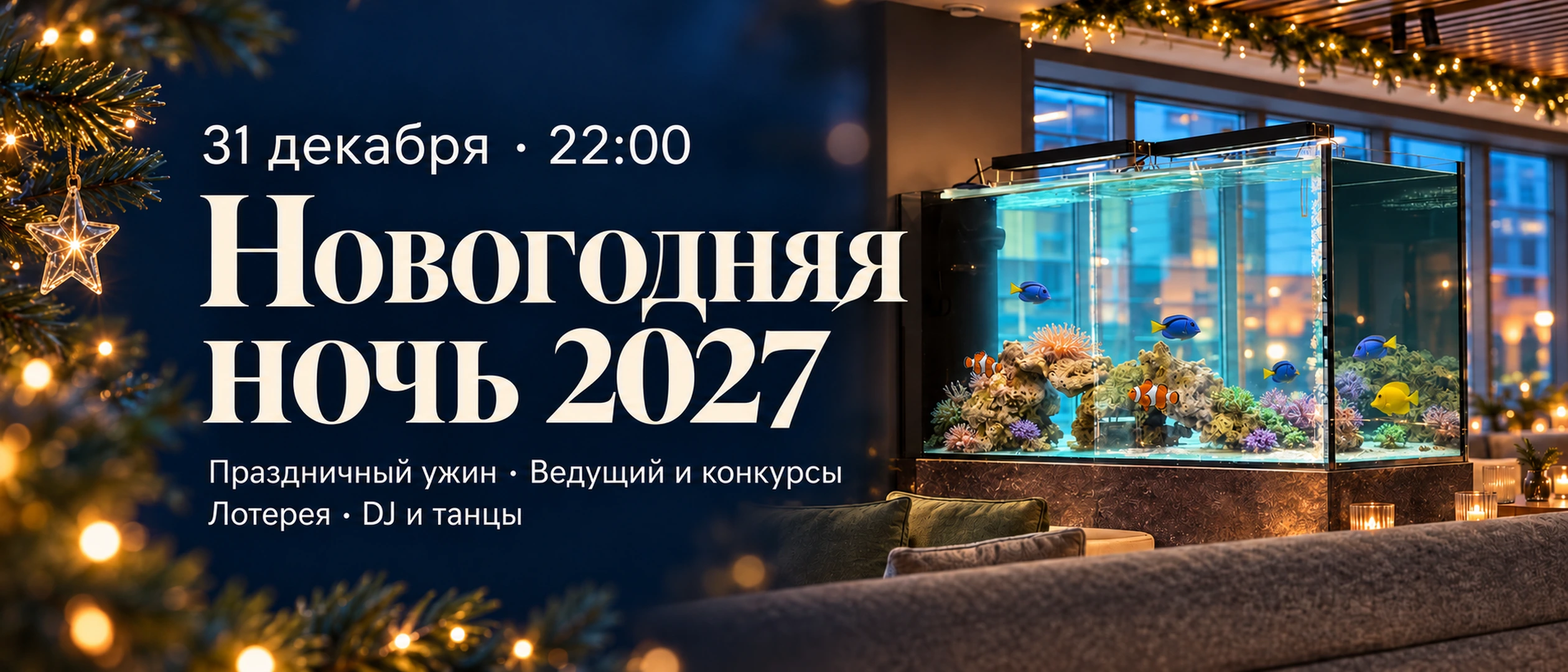 31 декабря, 22:00. Новогодняя ночь 2027 в отеле «Балтия». Праздничный ужин, ведущий и конкурсы, лотерея, DJ и танцы.